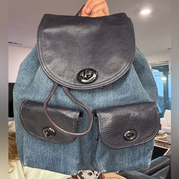 Coach Handbags - Coach Denim Turnlock backpack Gunmetal Rivets  Navy leather